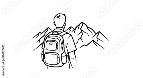 Hiker with backpack gazes at jagged mountain peaks