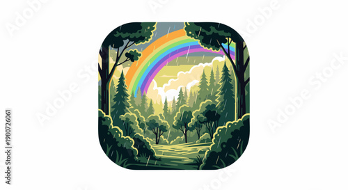 A vibrant rainbow arches over a lush forest during a gentle rain shower