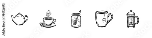 Tea Time and Breakfast Cafe Essentials with Hand-Drawn Inky Brushwork and Fluid Calligraphic Outlines