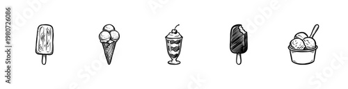 Ice Cream and Frozen Summer Desserts with Hand-Drawn Inky Brush Strokes and Fluid Organic Outlines