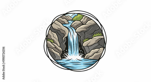 Stylized waterfall cascading through rocky terrain into a pool