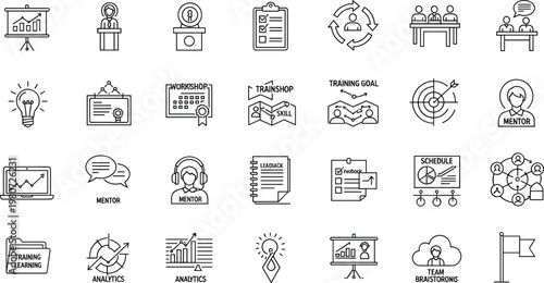 Business training and workshop management icon set featuring analytics mentoring teamwork strategy planning education vector outline collection