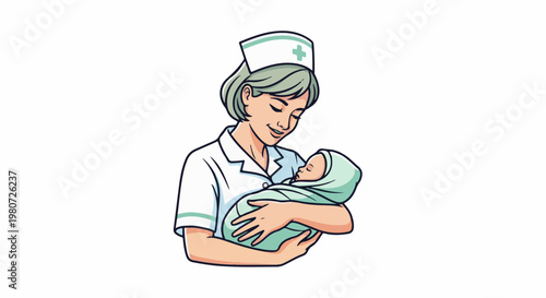 Gentle nurse cradles sleeping infant, wearing cap with green cross