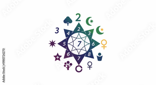 Central number 7 within a starburst of symbols and numbers