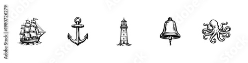 Marine Nautical Symbols and Ocean Voyage Elements with Hand-Drawn Inky Brush Strokes and Fluid Calligraphic Outlines