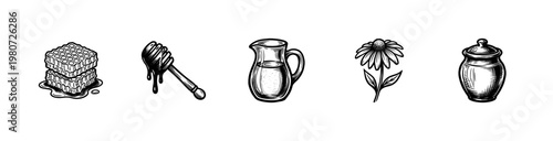 Honey and Beekeeping Elements with Raw Honeycomb and Glass Pitcher with Fluid Ink Brush Strokes and Hand-Drawn Painterly Style