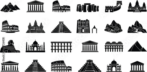 Numerous iconic global landmarks are depicted in a monochromatic silhouette style.