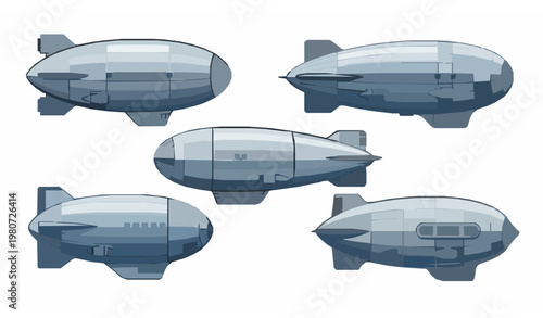 Retro Futuristic Passenger Airship Zeppelin Set Detailed Flat Vector Blimp Collection Isolated on White