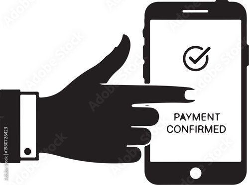 Black hand pointing at smartphone with payment confirmed on screen