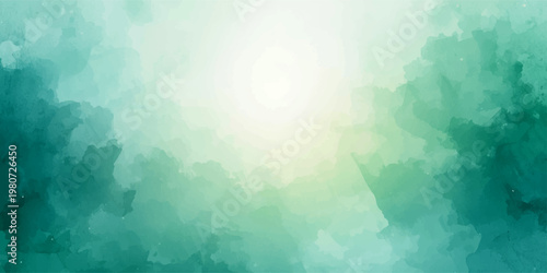 An abstract blue watercolor background with light rays and glowing clouds creates a bright nature illustration of the summer sky and deep sea water