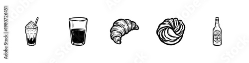 Gourmet Food and Beverage Assortment with Inky Brushwork and Hand-Drawn Painterly Aesthetic