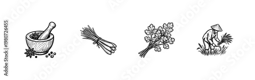 Thai Cuisine Cooking Ingredients and Kitchenware with Fluid Ink Brush Strokes and Hand-Drawn Painterly Style