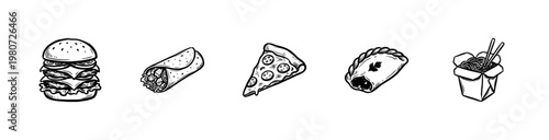 International Food and Fast Food Cuisine Favorites with Inky Brush Strokes and Hand-Drawn Painterly Aesthetic