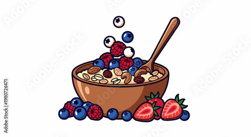 A bowl of cereal with mixed berries and nuts, a wooden spoon inserted