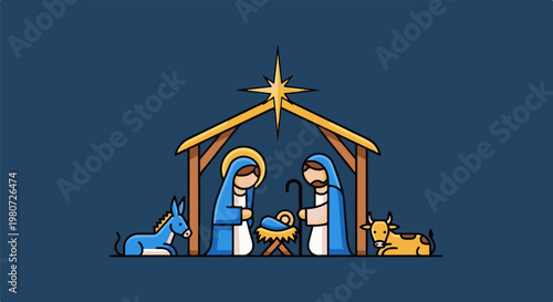Simple flat illustration of a Nativity scene with Mary, Joseph, baby Jesus, donkey, and cow