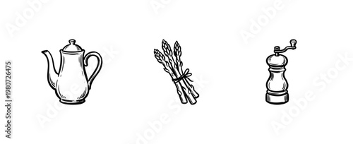 Kitchen Ingredients and Cooking Equipment with Inky Brush Strokes and Hand-Drawn Painterly Aesthetic