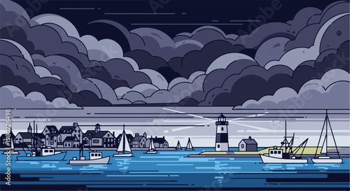 Pixel art harbor scene with dramatic clouds, lighthouse, and boats