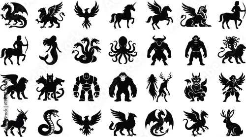 Collection of various mythical creatures and fantastical beings depicted as black silhouettes.