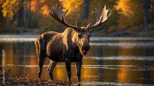 Majestic moose standing by a serene lake surrounded by vibrant autumn foliage reflecting in water