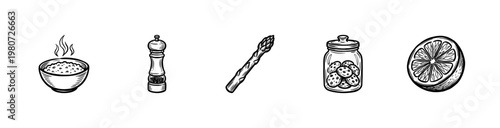 Kitchen Utensils and Healthy Food Ingredients with Hand-Drawn Inky Brushwork and Organic Painterly Aesthetic