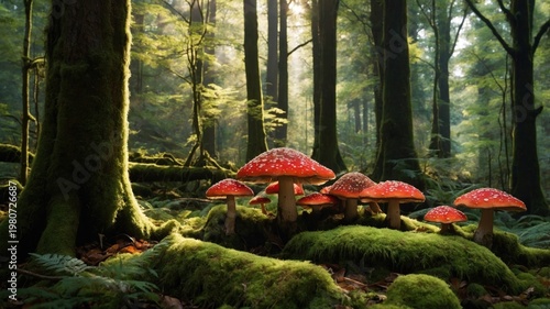 Vibrant red mushrooms growing amidst lush green moss in a serene forest setting with sunlight filtering through trees