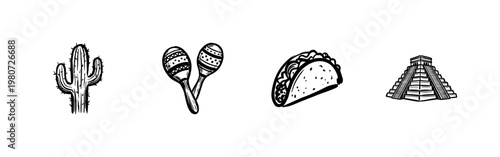 Mexico Cultural Elements and Traditional Celebration Symbols with Hand-Drawn Inky Brush Strokes and Decorative Doodle Aesthetic