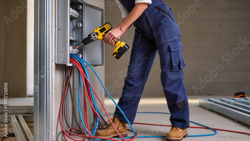 Photos A professional electrician is using a cordless drill on an electrical panel