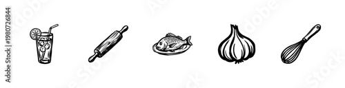 Kitchen Utensils and Healthy Food Ingredients with Hand-Drawn Inky Brushwork and Fluid Calligraphic Outlines