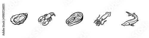 Seafood Assortment and Ocean Fish Elements with Textured Ink Brushwork and Hand-Drawn Painterly Aesthetic