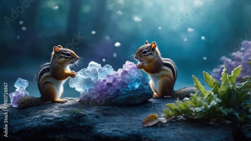 Two chipmunks interacting with colorful crystals in a mystical forest setting, surrounded by soft light