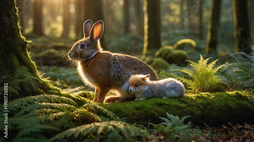 A serene forest scene featuring a rabbit and a fox cub resting on a mossy log in golden sunlight