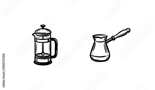 Coffee Shop and Cafe Beverage Equipment with Fluid Ink Brush Strokes and Hand-Drawn Painterly Aesthetic