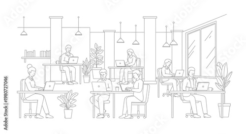 Modern office, coworking space, people working, laptops, minimalist line art