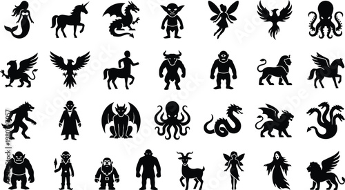 Collection of mythological creatures depicted as black silhouettes against a white background.
