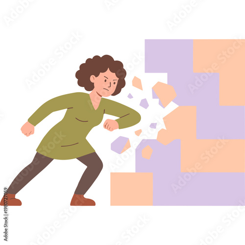 Woman breaking through wall with fists in a determined action scene