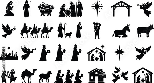 Collection of silhouette illustrations depicts the nativity story including mary joseph baby jesus wise men angels shepherds and animals.