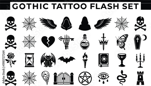 Collection of gothic tattoo flash designs includes skulls, spiderwebs, wings hooded figures broken hearts keys potions swords butterflies coffins roses hourglasses gargoyles bats torches