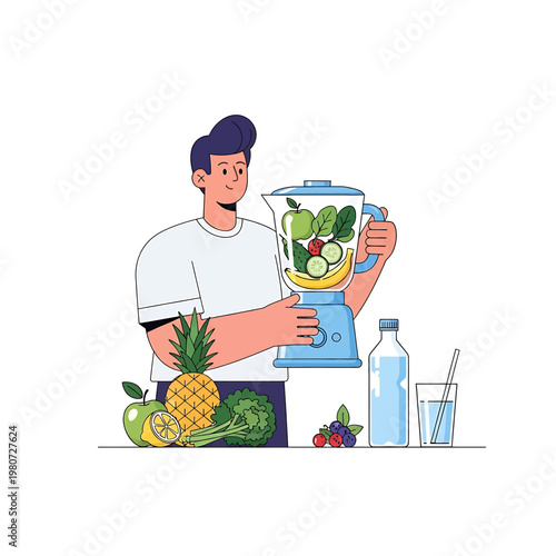 Man holding a blender with fruits.