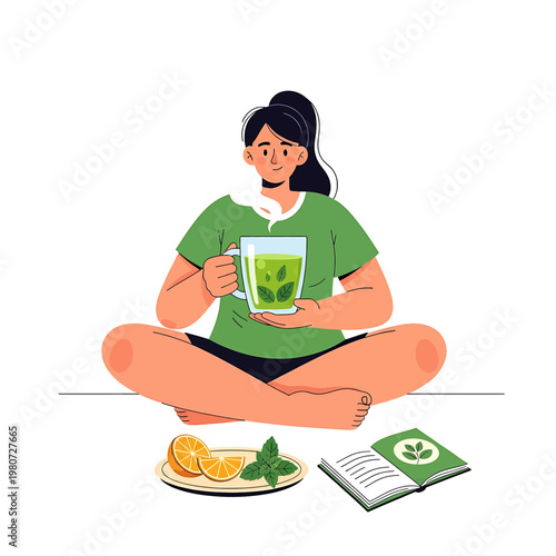Woman holding green tea cup peacefully.