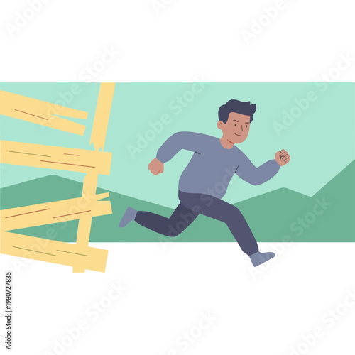 Man runs past broken wooden fence in front of green mountains