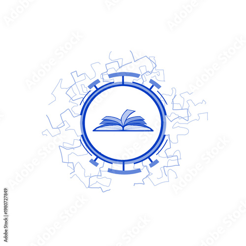 Open book pages sheet icon in a round frame with lightning electric discharges isolated on transparent background