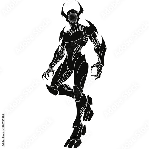 Black alien robot, futuristic cyborg, sci-fi creature, vector illustration
