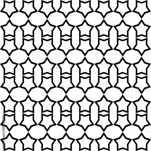 A clean, repeating pattern of interlinked, outlined five-pointed stars, joined by double-line geometric link motifs in a uniform grid.