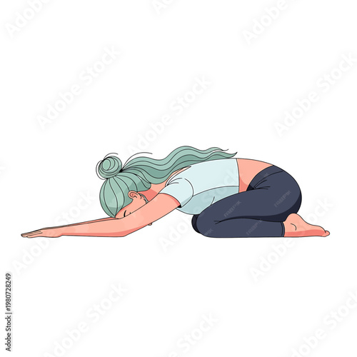 Woman in Child Yoga Pose Kneeling.