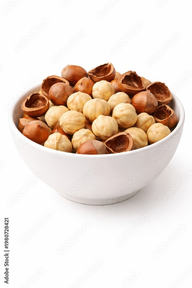 Fototapeta premium White ceramic bowl with cracked hazelnut shells and kernels isolated on white baking ingredient concept