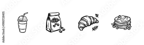 Cafe Food and Coffee Shop Beverages with Hand-Drawn Inky Brushwork and Fluid Calligraphic Outlines