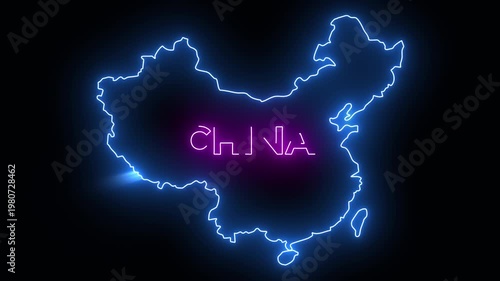 A neon glowing outline of China with bright blue edges and a vibrant pink title. The futuristic style and dark background create a bold, modern visual ideal for tech