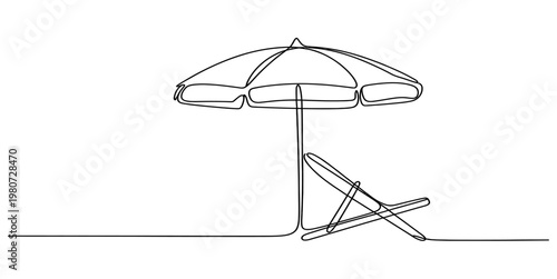 A minimalist single line drawing illustration of a beach umbrella and a lounge chair together. Vector, illustration