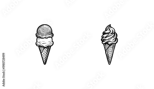Frozen Dairy Desserts and Assorted Ice Cream Scoops in Hand-Drawn Painterly Watercolor Style with Fluid Ink Brush Strokes