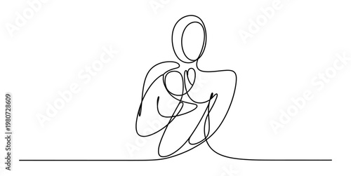 A minimalist single line drawing depicting a mother tenderly holding her small baby in her arms. Vector, illustration